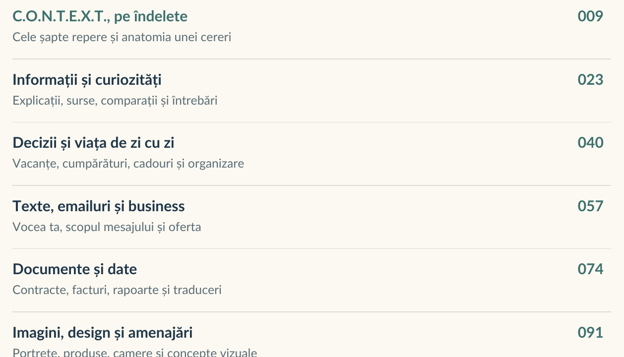 Fragment lizibil din cuprinsul ghidului